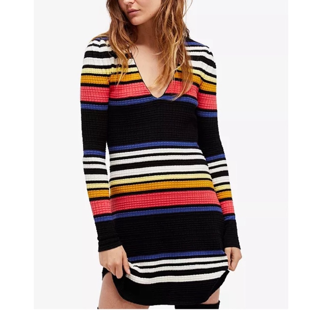 Free People Gidget Striped Long Sleeve V-Neck Ribbed Sweater Dress Size Small